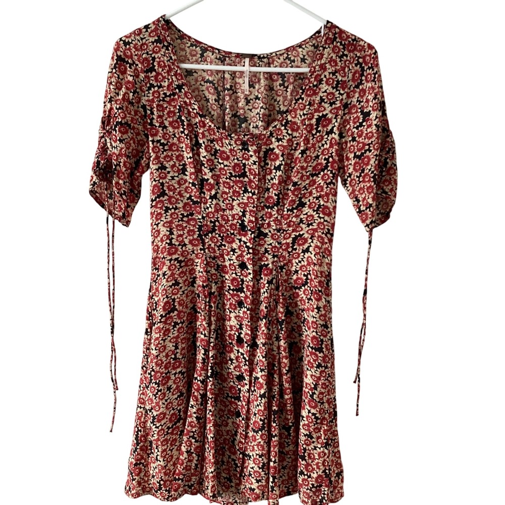 Free‎ People Red Floral Print Maxi Dress XS Lace Up Back Boho Prairie